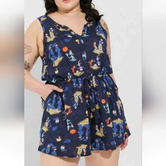 Torrid, Disney Nightmare Before Christmas Blue Sleeveless Button Front Romper - Picture 1 of 8